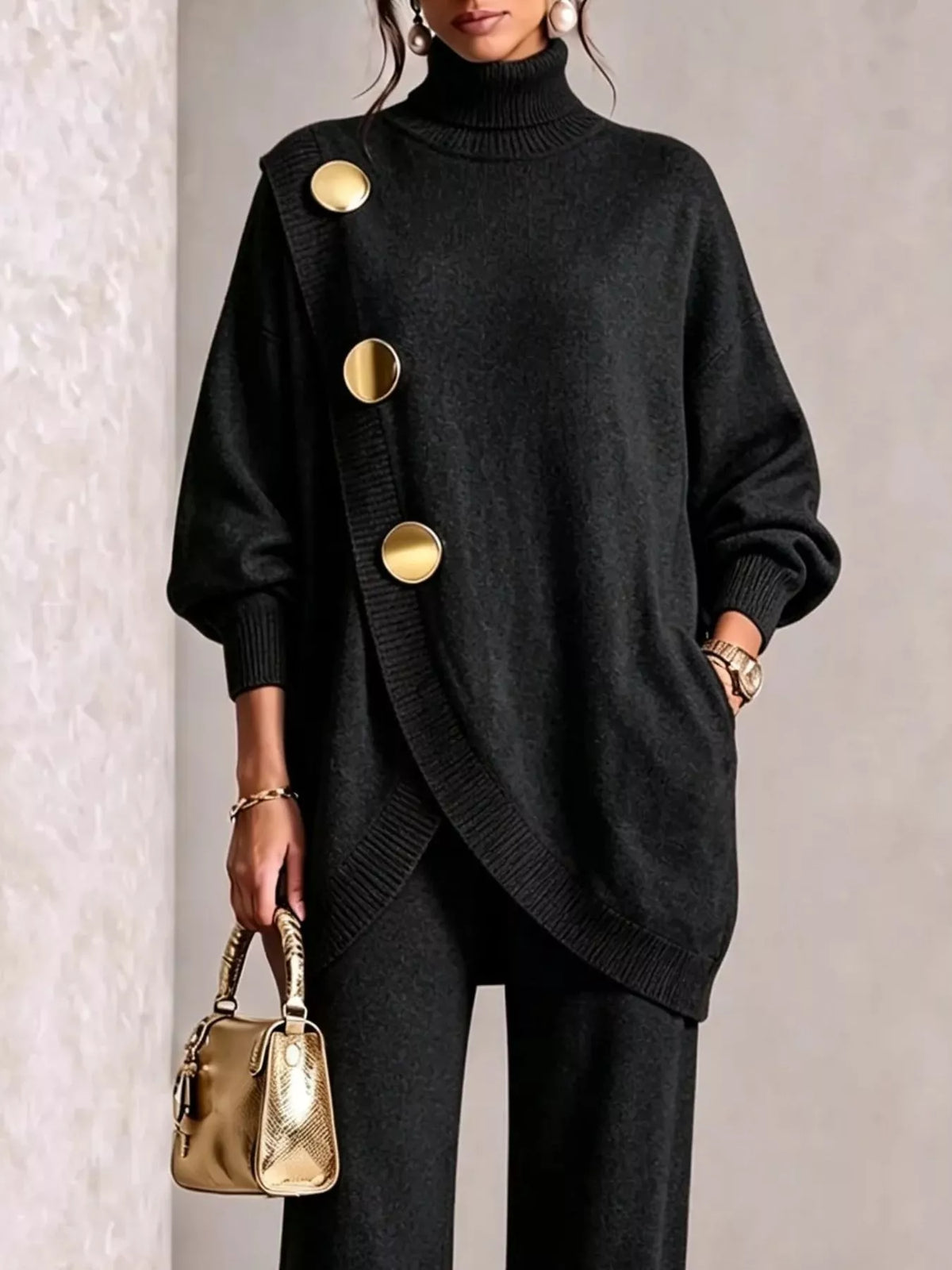 Gold-Button Turtleneck Sweater and Pants Set — product view 12