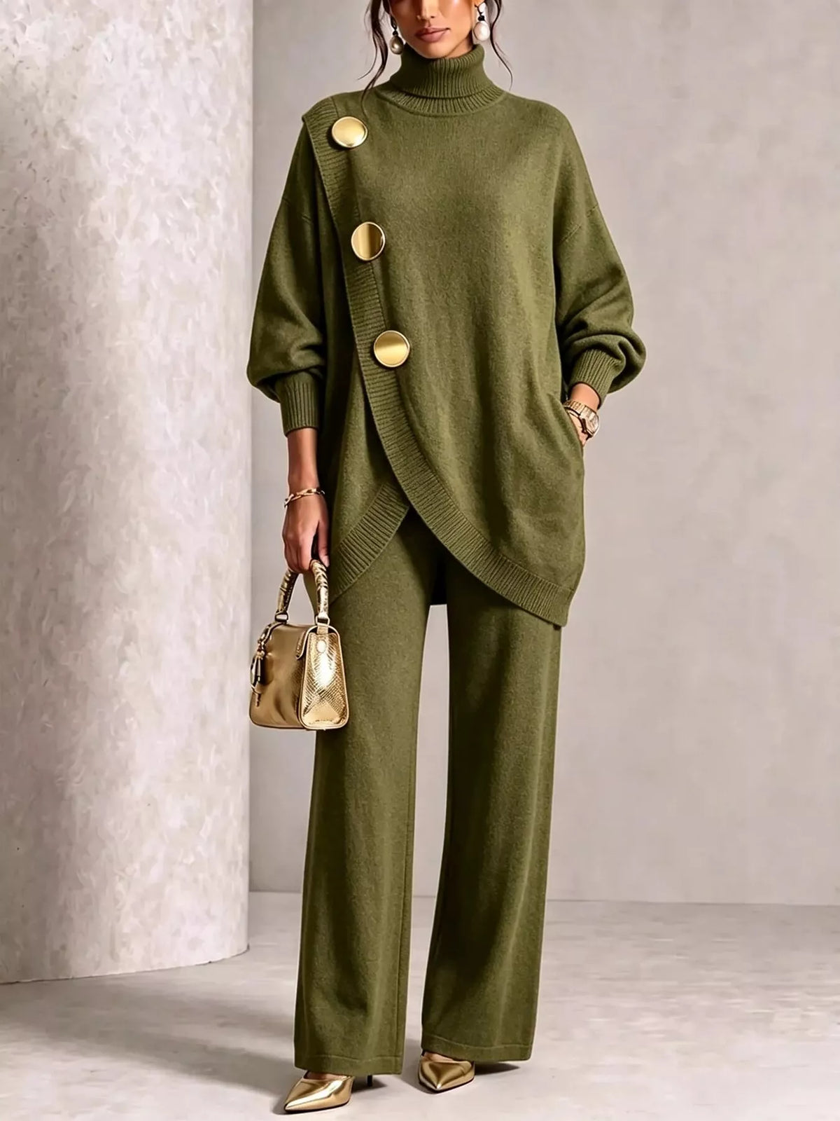 Gold-Button Turtleneck Sweater and Pants Set — product view 3
