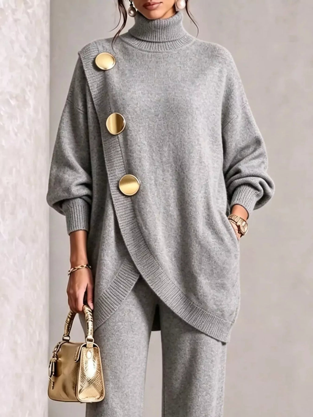 Gold-Button Turtleneck Sweater and Pants Set — product view 10