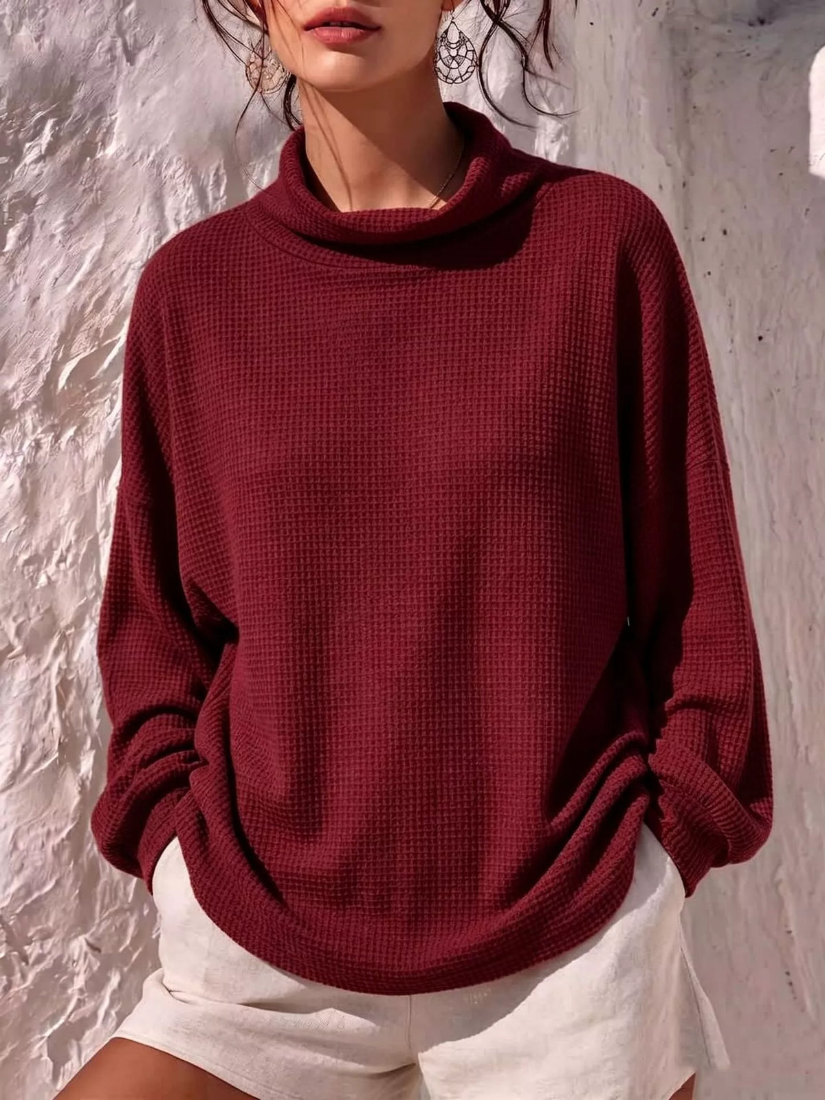Waffle-Knit Mock-Neck Long-Sleeve Top — product view 5