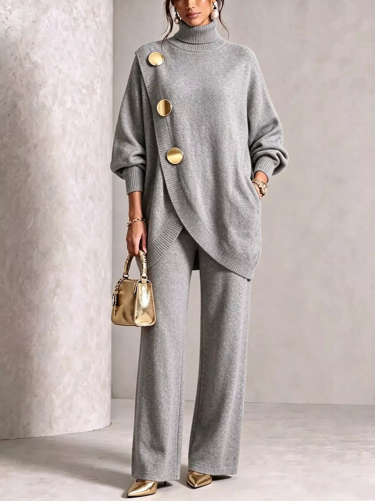 Gold-Button Turtleneck Sweater and Pants Set — product view 9