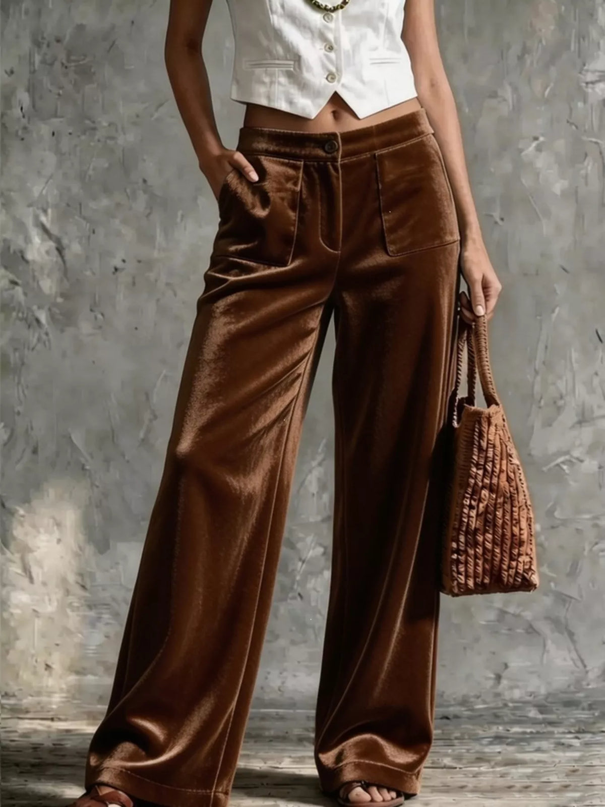 High-Waisted Wide-Leg Velvet Pants with Pockets — product view 7