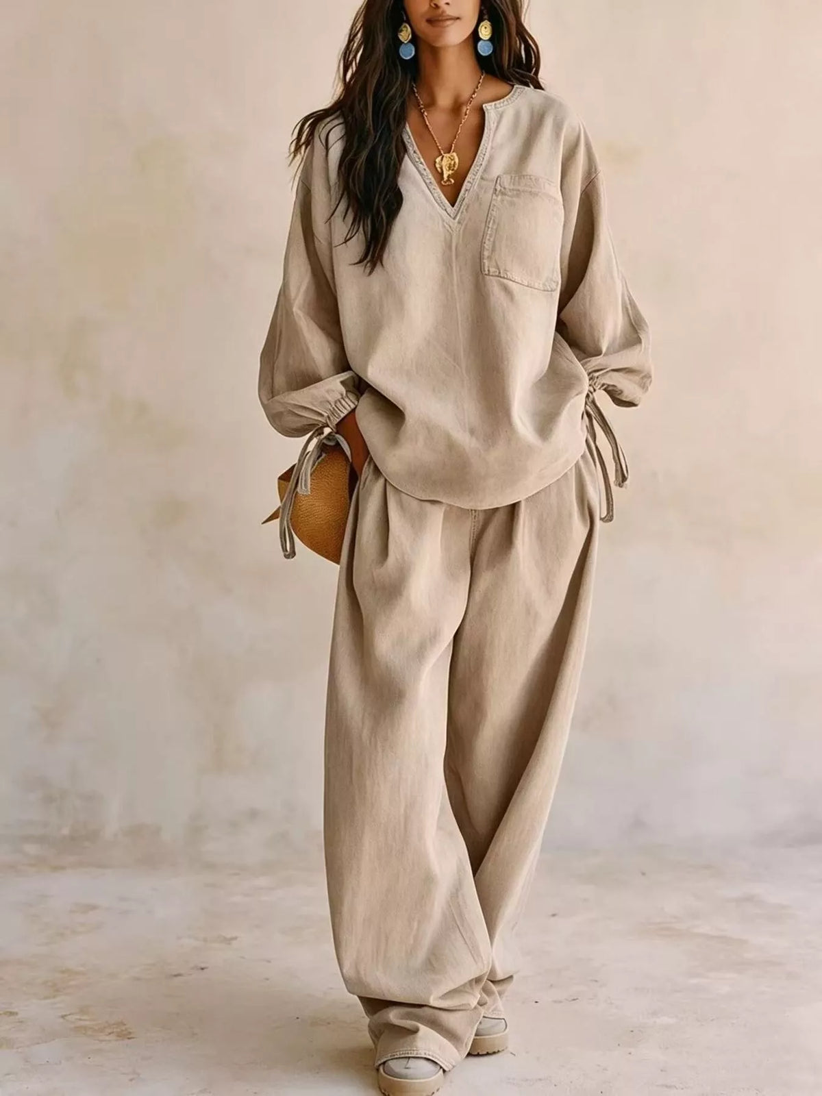 Drawstring-Sleeve Top and Pants Denim Set — product view 7