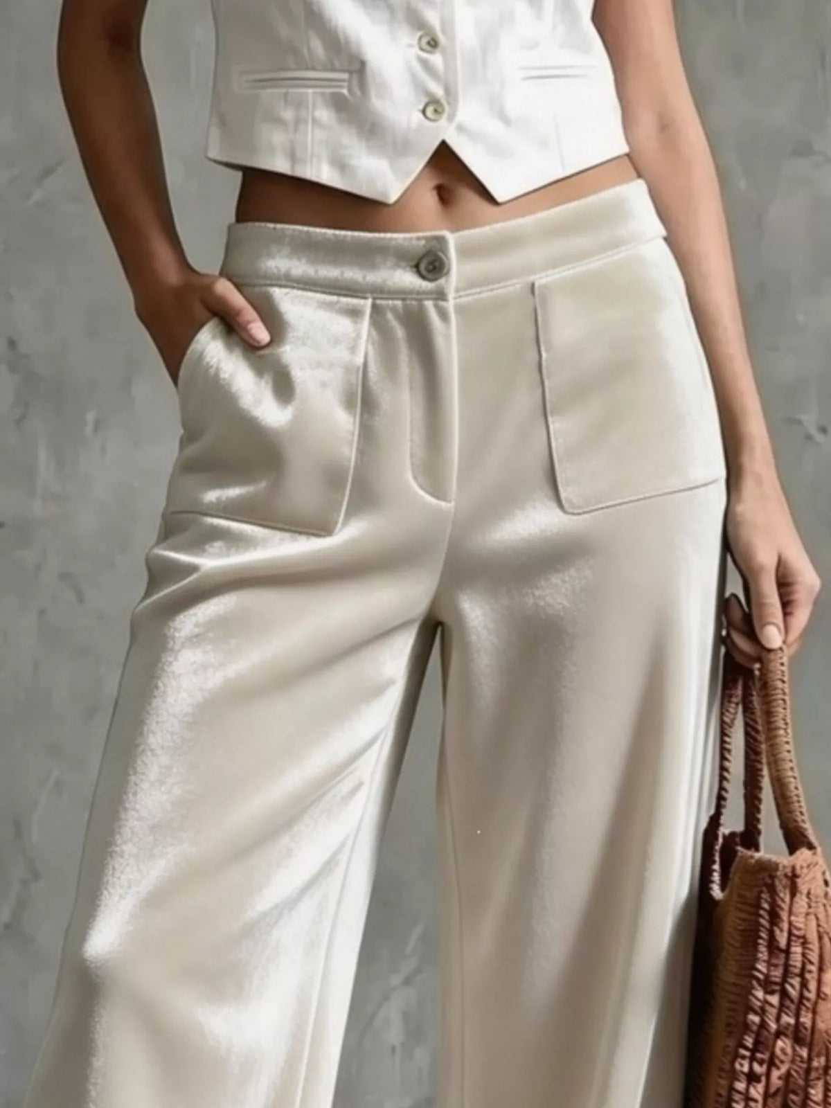 High-Waisted Wide-Leg Velvet Pants with Pockets — product view 2