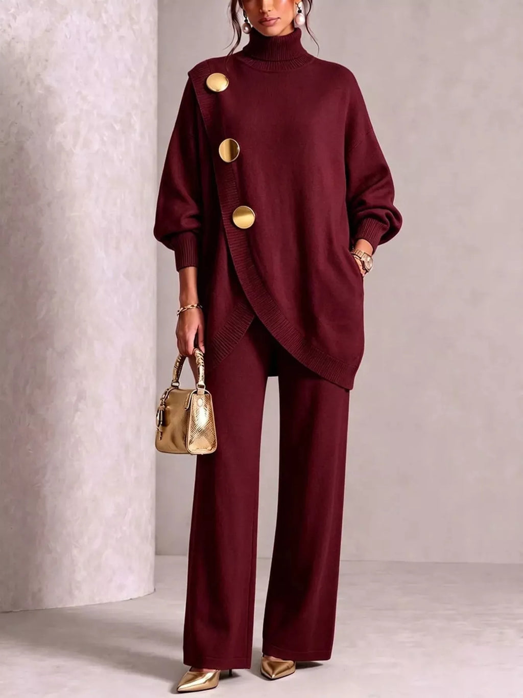 Gold-Button Turtleneck Sweater and Pants Set — product view 1