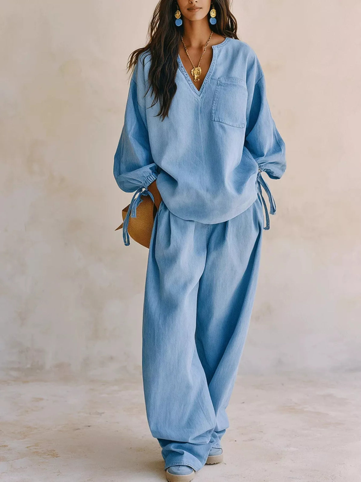 Drawstring-Sleeve Top and Pants Denim Set — product view 1