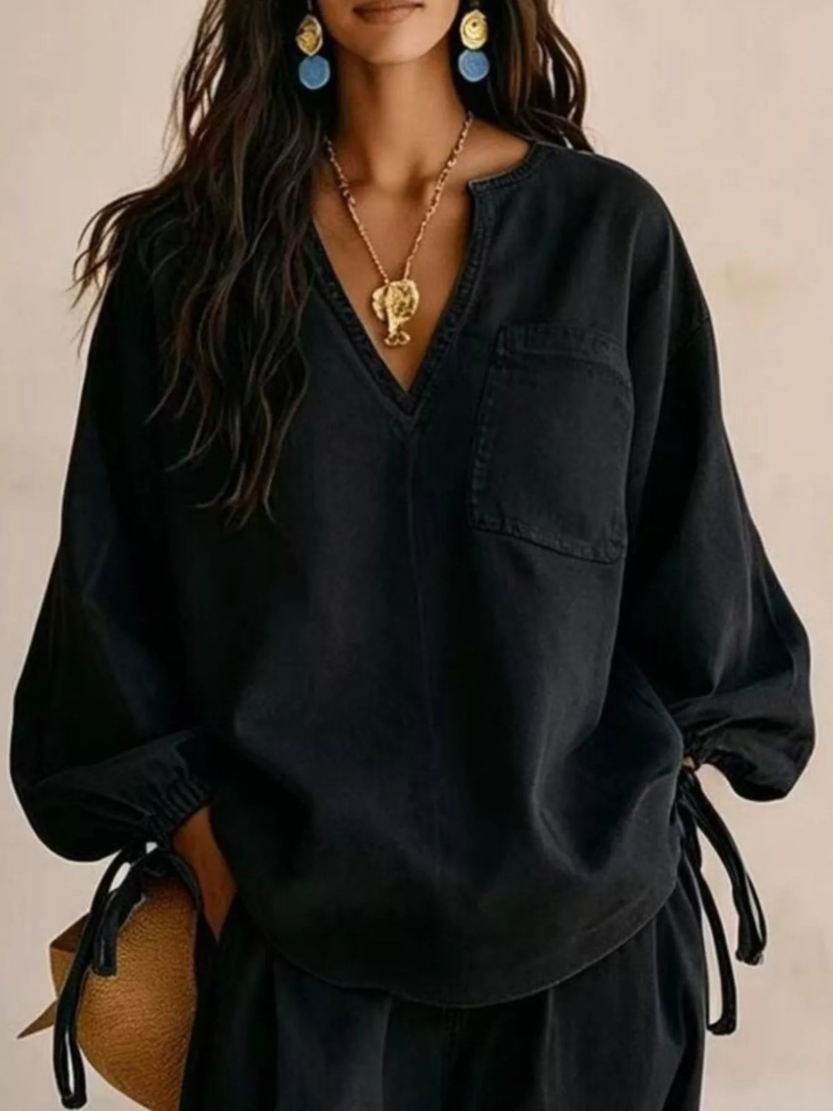 Drawstring-Sleeve Top and Pants Denim Set — product view 14