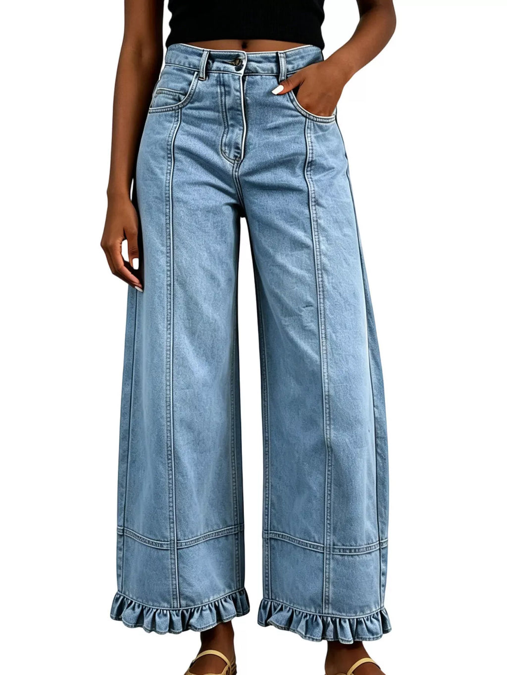 High-Waisted Wide-Leg Ruffled-Hem Jeans — product view 3