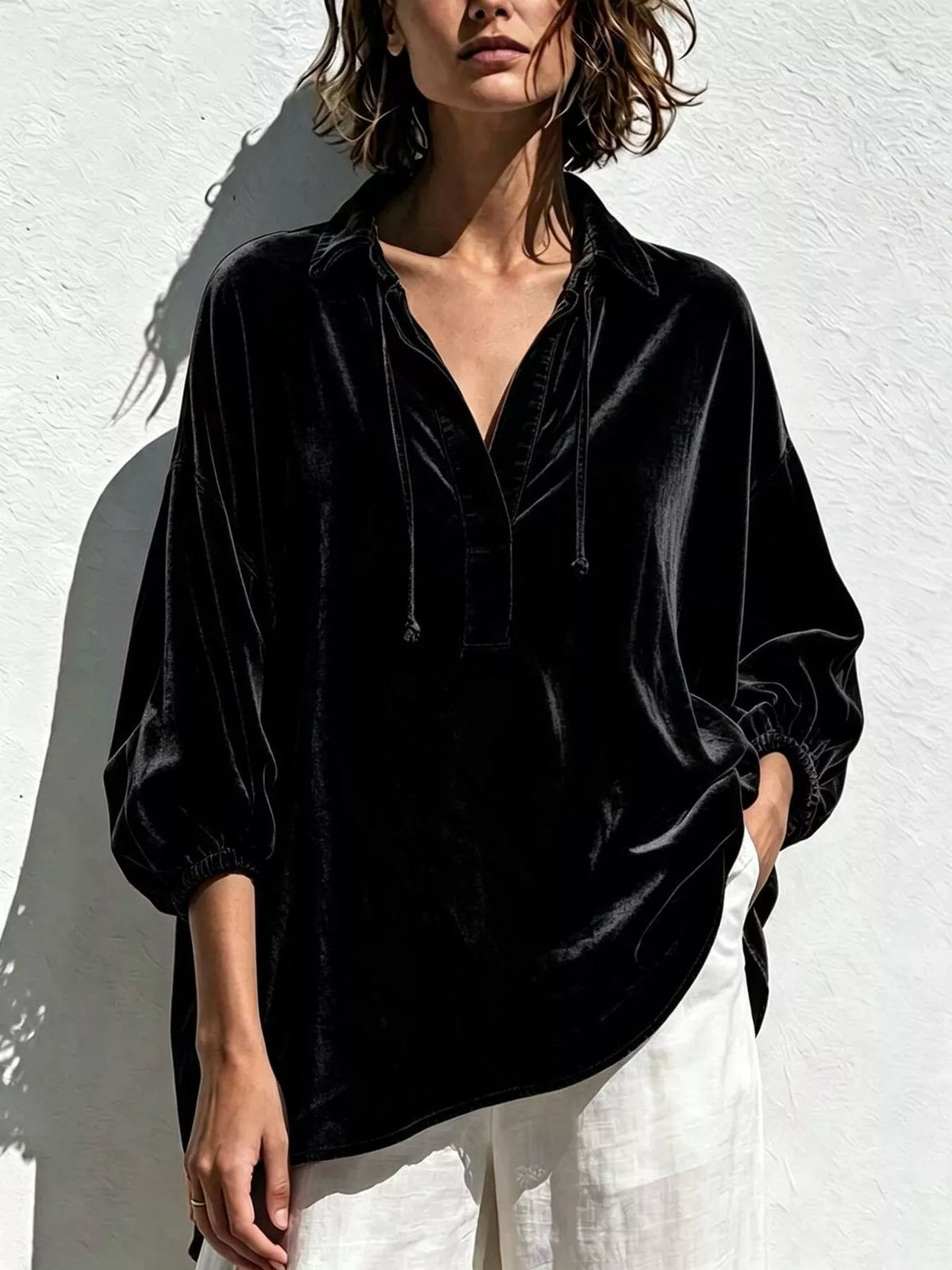 Velvet Collared Drawstring Blouse — product view 3