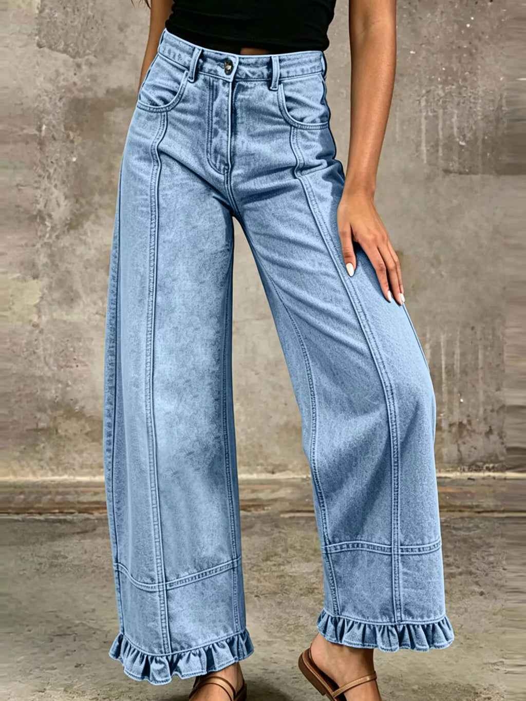 High-Waisted Wide-Leg Ruffled-Hem Jeans — product view 2